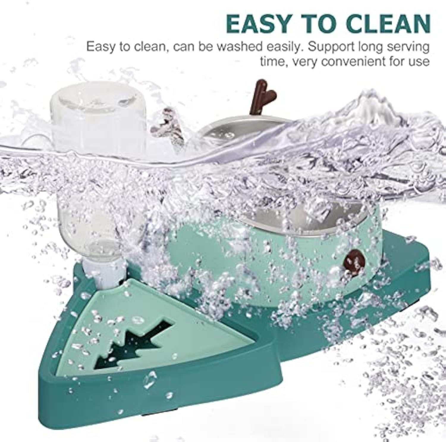 Pet Slow Feeding Bowl & Automatic Water Dispenser Set - Detachable Water Tray, Green - Image 5