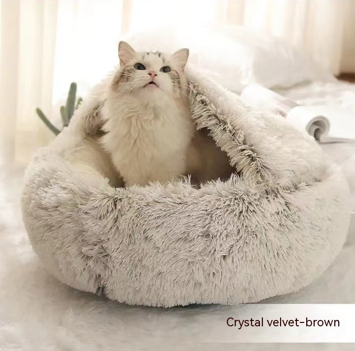 2 In 1 Dog And Cat Bed - Pet Winter Bed, Round Plush Warm Bed House - Image 2