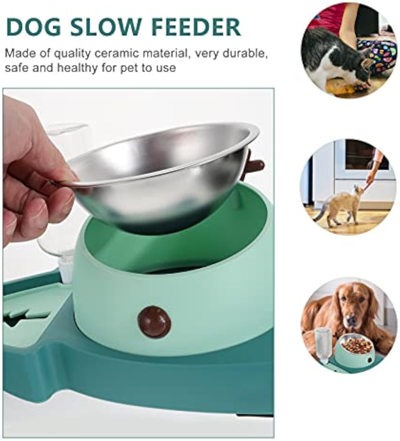 Pet Slow Feeding Bowl & Automatic Water Dispenser Set - Detachable Water Tray, Green - Image 7