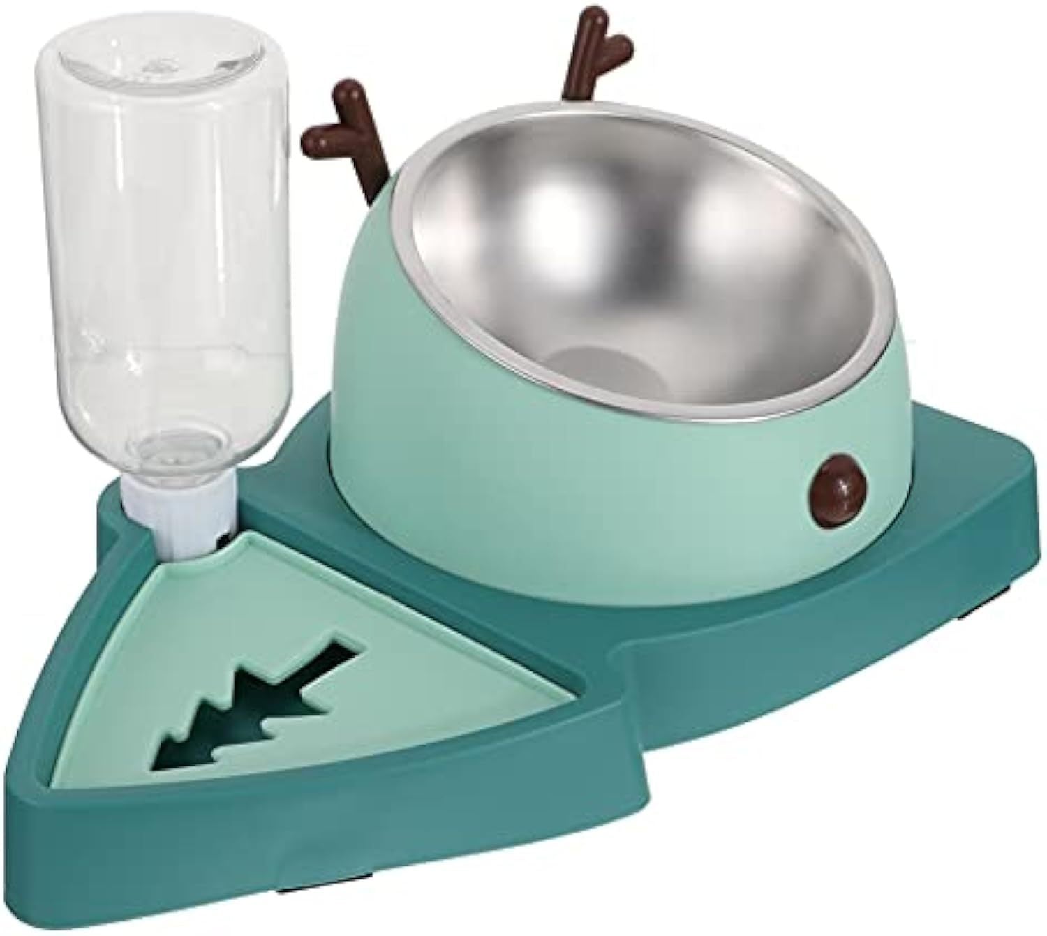 Pet Slow Feeding Bowl & Automatic Water Dispenser Set - Detachable Water Tray, Green