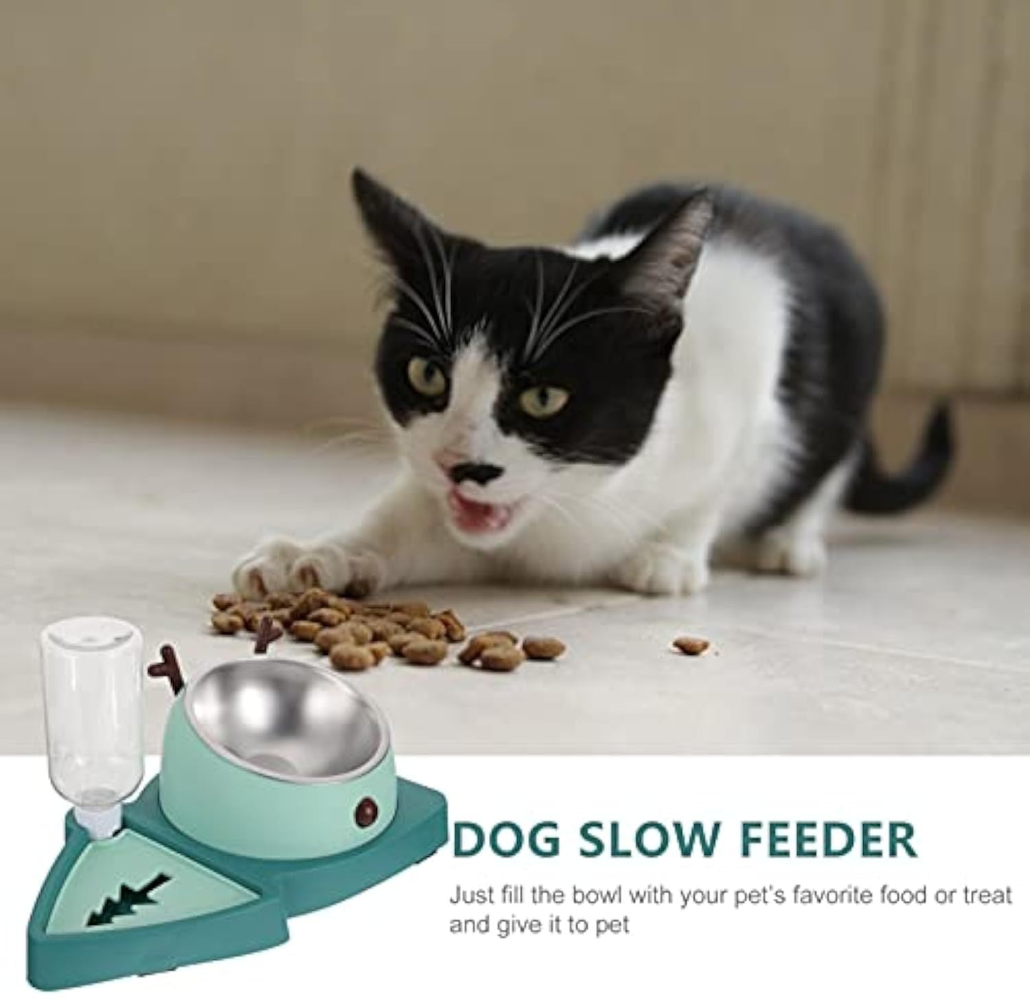 Pet Slow Feeding Bowl & Automatic Water Dispenser Set - Detachable Water Tray, Green - Image 6